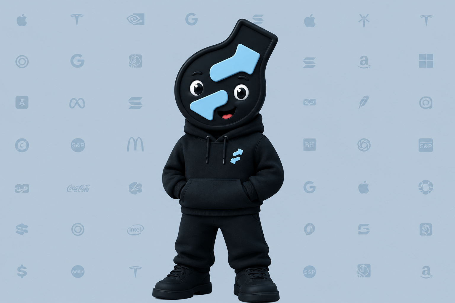 Stonk Guy standing against a wall of company logos